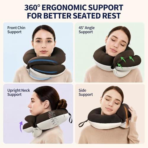 BUYUE Travel Neck Pillows for Airplanes, 360° Head Support Sleep for Long Flight, Skin-Friendly & Breathable, Kit with 3D Contoured Eye Mask, Earplugs and Storage Bag (Large, Brown, 90+ lbs) — view 2