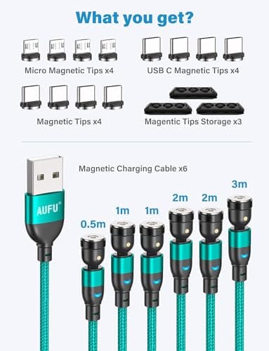 AUFU Magnetic Charging Cable, Magnetic Charger Cable 6 Pack [0.5m/1m/2m/3m], USB C 360° and 180° Rotatable With Micro/Type C for Smartphone — view 2