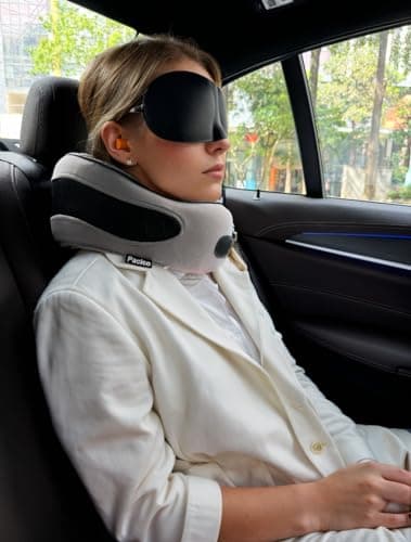 Pacico Travel Pillow, Neck Pillow, 100% Pure Memory Foam Sleeping Pillow for Car, Train and Airplane, Travel Kit with 3D Contoured Eye Masks and Earplugs, Dark Grey — view 6