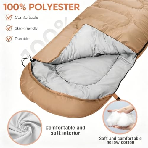 Sleeping Bag for Adults, Comfortable Waterproof 3 Season Warm & Cold Weather, Lightweight & Compact, Soft, Ideal for Camping, Hiking & Backpacking (Brown) — view 3
