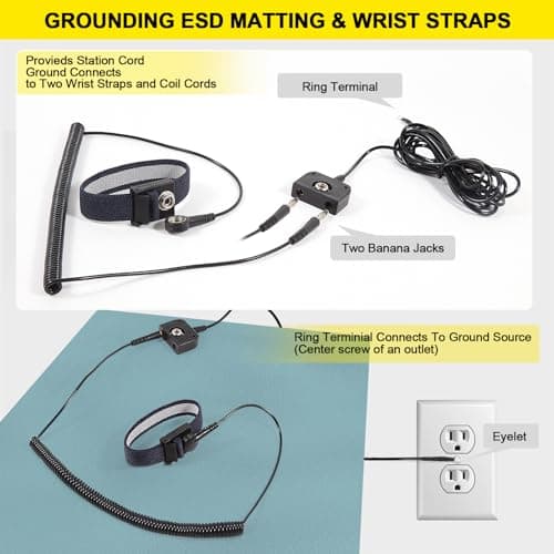 FEITA ESD Mat Anti Static Workstation Grounding Kit, 15 Feet Male Low Profile Grounding Plug Adapter, Universal Snap Kit, 8 Feet Ground Coil Cord with Alligator Clip, Navy Blue Anti-Static Wristband — view 3