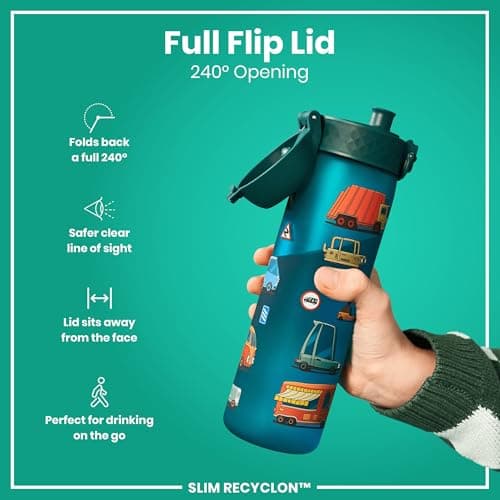 Ion8 Water Bottle, 500ml/18oz, Slim Leak Proof & BPA-Free Drinking Bottle, Secure Lock Prevents Spills, Dishwasher Safe, Carry Handle, Ideal for Adults & Kids - Travel, Gym & School, Aqua, Cars — view 5