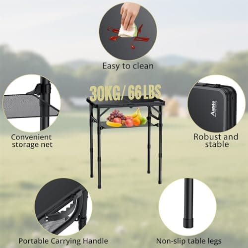 Anbte Folding Camping Table with Storage Net, 3 Adjustable Heights 2ft Aluminum Small Folding table, Lightweight Outdoor table, Portable Handle for Travel, Picnic, Camping, 60cm x 40cm, Pure Black — view 4