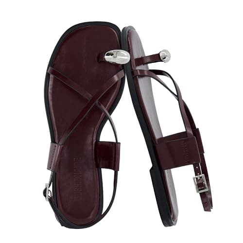 CUSHIONAIRE Corfu Flat Sandals for Women 2025 – Strappy Design with Toe Loop and Adjustable Ankle Strap – Lightweight Summer Dress Sandal, Burgundy, 9 UK