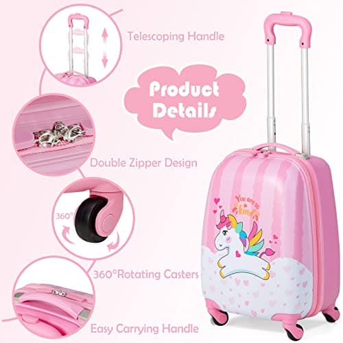 Maxmass 2PCS Kids Luggage Set, Hard Shell Children Trolley Case with 4 Universal Wheels, Girls Boys Suitcase and Backpack Set for Travel (Pink Unicorn, 12"+16") — view 4