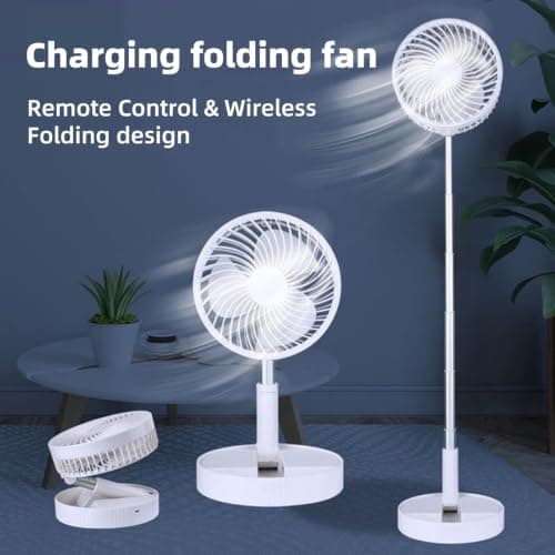 Portable Standing Pedestal Fan Rechargeable - 3600mAh Electric Silent Oscillating Floor Fan with Remote Control,USB Battery Telescopic Foldable Desk Table Fans for Bedroom Camping Travel (White) — view 2