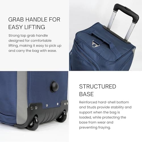 Rocklands® Lightweight Wheeled Holdall Small Duffle Trolley Suitcase Thick Heavy-Duty Cross Nylon EVA-Backed Front, Hard Base Carry On Travel Bag (Small - 20" (H52xW32xD30 cm), Navy) — view 6
