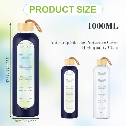 AOOWU Glass Water Bottle with Time Marker, 1000ml Leak-proof Sports Glass Water Bottle with Bamboo Lid, Sports Drinking Bottle, Reusable Silicone Case Glass Drinking Bottle, Motivational Water Bottle — view 2