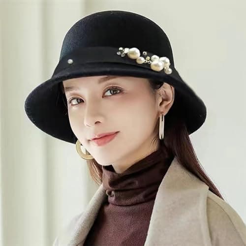 Foldable Hat Women's Korean Version of British Retro Wool Sunscreen Fishing Hat European and American Dome Cylinder Bathing Cap Women, black, One Size — view 3