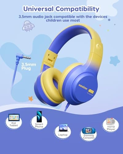 awatrue Kids Headphones, Wired headphones Kids with 74/85/94db Safe Volume, 3.5mm jack, Adjustable Headband, Foldable Over Ear Toddler Headphones for Plane/School/Travel/Tablet/Gifts (Blue Yellow) — view 6