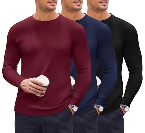 Ekouaer 3 Pack Thermal Vests Men Long Sleeve Tops, Black/Navy/Burgundy XL