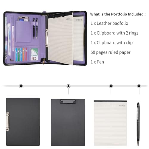 Wason A4 Portfolio with Zipper - Leather PU Padfolio with Detachable Ring Binder and Writing Notepad Holder, Conference File Multi-Pockets Organizer for Office Travel School (Purple) — view 2