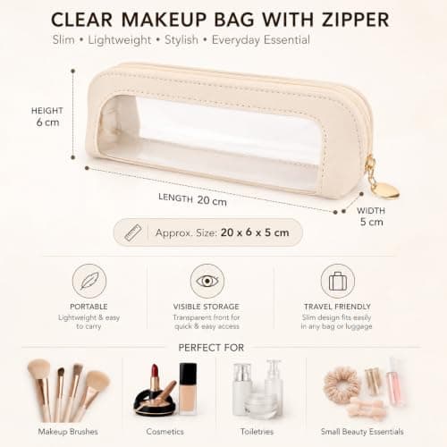 Small Clear Makeup Bag, PU Leather Travel Makeup Brush Case | Portable Transparent Waterproof Cosmetic Organizer Pouch with Zipper for Women Home Travel Office Cosmetic Storage (White) — view 3