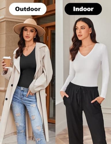 Ekouaer Womens 1&3 Pack Long Sleeve Shirts Sexy V Neck Tee Black + Grey Brown + White S — view 4