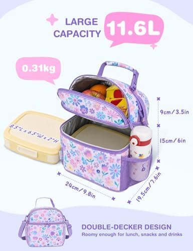 VASCHY Lunch Bag for Girls, Insulated Lunch Box Bag Double Decker Cooler Lunch Tote for Toddlers Kids Women School/Daycare/Picnic Lavender Floral — view 2