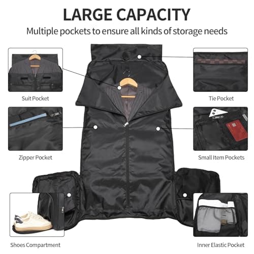 Carry On Garment Bag for Travel, Convertible Travel Garment Bag for Men Women, 2 in 1 Hanging Suitcase Suit Business Travel Bag, Black, 39"L x 12.5"W x 12.2"H, Travel — view 3