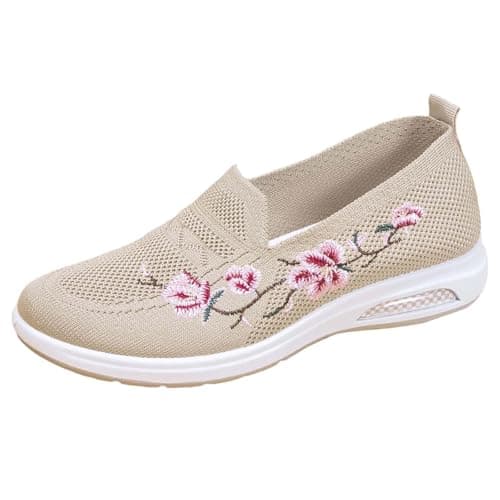 Slip On Shoes Women Embroidered Orthopedic Walking Shoes Breathable Mesh Sneakers Slip-On Lightweight Work Mom Shoe,for Outdoor Walking Traveling Hiking Size 3-11 Khaki — view 4