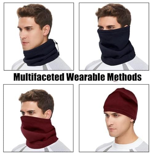 JSTHHTT 2 Pack Thermal Knitted Snood Scarf Thick Winter Cold Weather Neck Warmer Windproof Neck Gaiter Snood for Men Women Face Tube Scarf Headwear (2, Navy Blue, Burgundy) — view 6