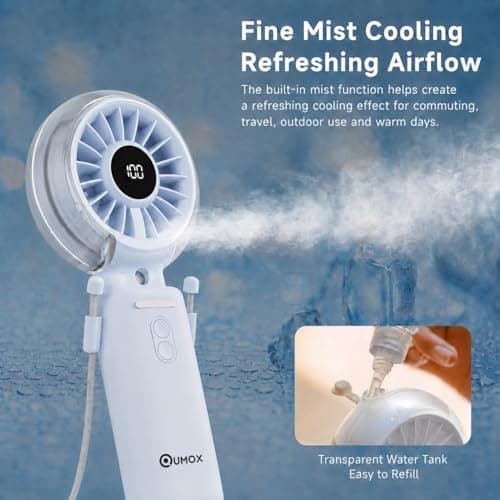 Qumox Handheld Foldable Mist Fan, Portable Rechargeable USB Mini Fan, Blue — view 3