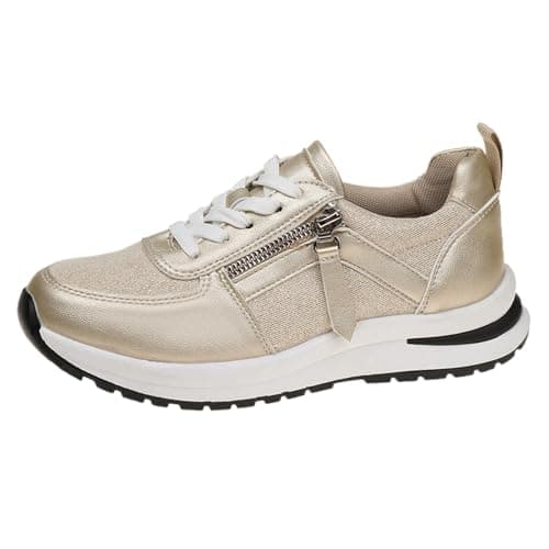 Wedge Walking Shoes for Womens Lace Up and Side Zipper Fashion Running Sneakers Comfortable Lightweight Shock Absorbing Trainers Casual Sport Cross Trainer Shoe Non-Slip Sneaker for Fitness Gold