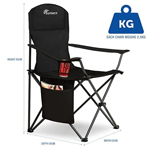 SUNMER Folding Camping Chairs - Set of 2, Extra-Wide Lightweight Outdoor Chairs with Armrests, Cup Holder and a Side Pocket - 120kg Capacity per Chair - Professional Travel & Garden Seating - Black — view 3