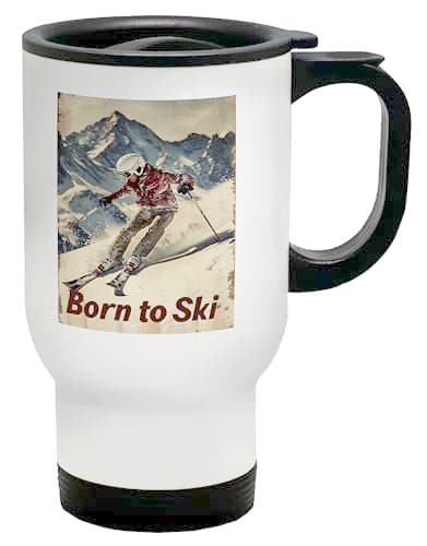 Shopagift Born to Ski Travel Mug Skiing Moutains Snow Slope Stainless Steel 14oz Cup