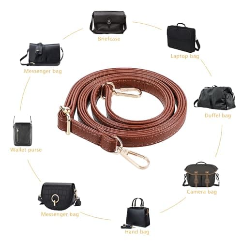 Telooco Purse Strap Replacement 85-150cm Adjustable Leather Belt for Purse Crossbody Bag Handbags (Brown Strap, Gold Buckle) — view 5