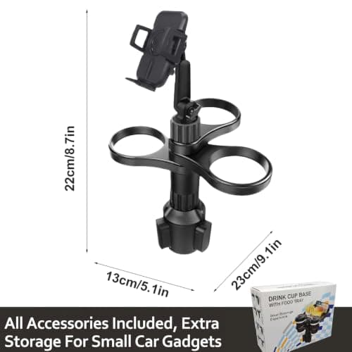 Car Cup Holder Expander, Adjustable Cup Holder for Cars, Universal Car Cup Holder with Phone Mount & Stable Expandable Base, Cup Holder Expander for Most Vehicle Water Bottles Coffee Cups (Black) — view 2