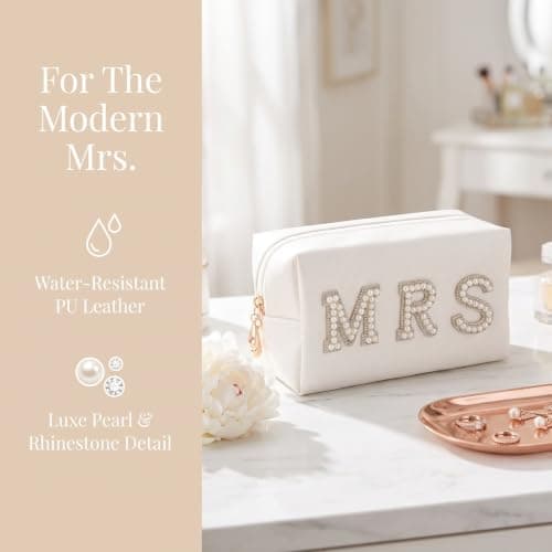 Kemay Bride Cosmetic Bag, Waterproof PU Leather Makeup Bag with Pearl Rhinestone MRS Letters, Bridal Shower Gift, Wedding Emergency Kit Travel Organizer — view 3