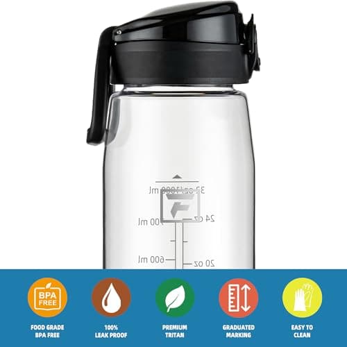 Fanhaw Sports Water Bottle 1L, Drinks Bottle with Chug Lid, BPA Free Leakproof Tritan Plastic Water Bottle, Wide Mouth Reusable Bottle for Gym, Travel, School, Office, Cycling & Hiking (Clear & Black) — view 3