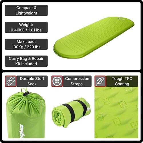 Berghaus Peak Compact Self-Inflating Mat with Non-slip Silicone Grip for Adults, Teens & Kids, Lightweight & Insulated, Ideal for Wild Camping, Backpacking & Hiking, Includes Carry Bag, Green — view 3