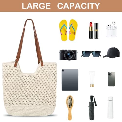 Crochet Beach Bags for Women, Large Capacity Summer Woven Beach Tote Bag Handbags Shoulder Bag, Handmade Boho Casual Knit Tote Bags for Beach Travel Holiday Vacation Work Shopping Daily Use (Beige) — view 5