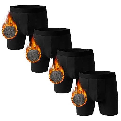 Nuofengkudu Mens Thermal Seamless Boxer Briefs Long Leg Warm Underwear 3D Pouch Bulge Support Stretch Waistband Comfy Trunks Winter Male Classic Anti-Chafing Underpants B 4 Pack Black L