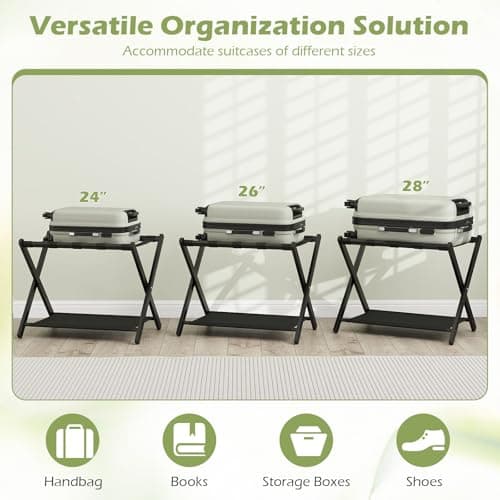 COSTWAY Bamboo Luggage Racks Set of 2, Folding Suitcase Stand with Straps and Oxford Cloth Storage Shelves, Portable Backpack Luggage Holder for Guest Room, Bedroom, Hotel, 68x46x53cm (Black) — view 3
