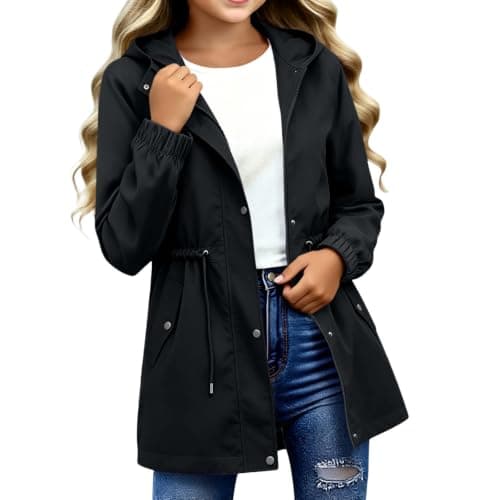 Waterproof Rain Jackets for Girls Lightweight Lined School Hooded Windproof Raincoats Teen Kids Fashion Plain Outdoor Windbreaker Casual Windproof Hiking Climbing Outerwear (Black, 15-16 Years)
