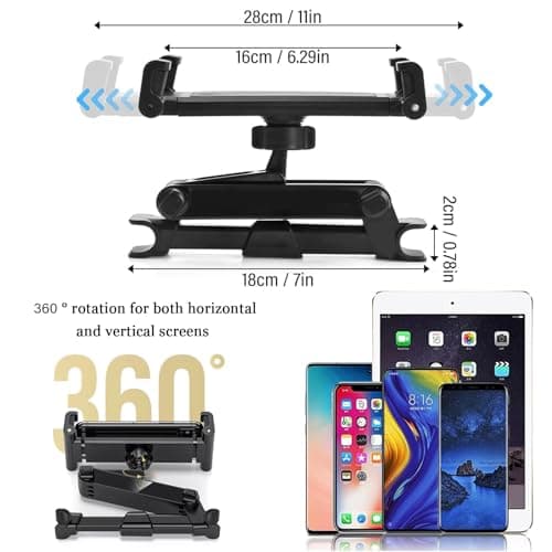 Eastrise Adjustable Car Headrest Tablet Mount Holder Auto Backseat Tablets Stand for Kids Compatible with iPad Air Mini/Cell Phone/Galaxy Tab or Other 4.7-10.5" Device (Black) — view 2