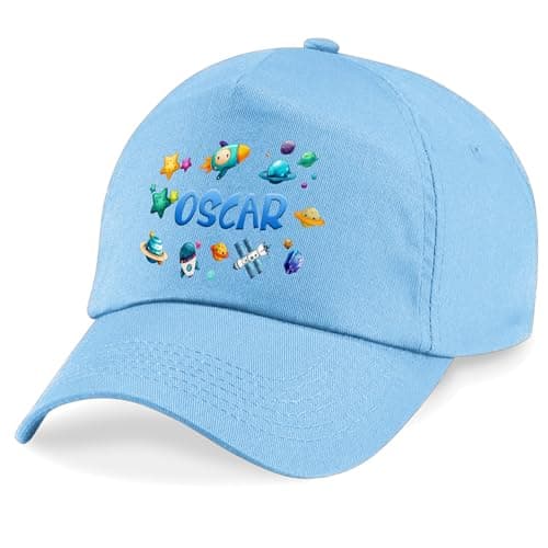 Purple Print House Personalised Kids Baseball Cap Outer Space Planets Custom Name Toddler Hat Holiday Boys Summer Travel Gift, One Size, Light Blue