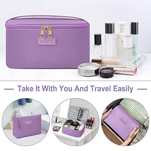 MAANGE 3 Pcs Makeup Bag(L+M+S) Travel Cosmetic Bags with Brush Compartment PU Leather Small Makeup Bag Portable Make Up Bag Versatile Zipper Makeup Pouch for Women, Purple — view 6