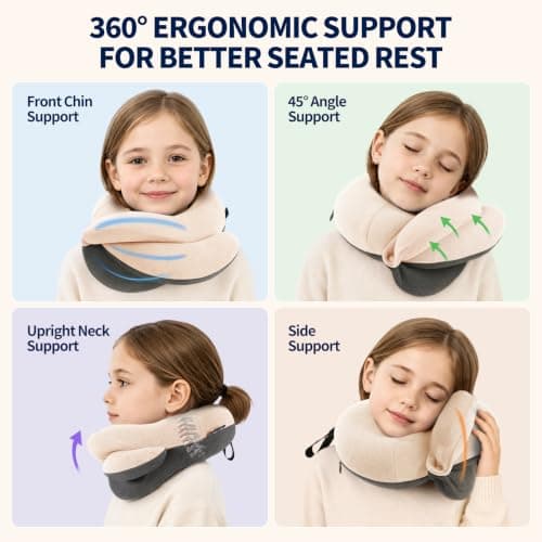 BUYUE Kids Travel Pillows for Airplane, 360° Head Support Sleeping Essentials for Boys Long Flight, Skin-Friendly Soft Neck Pillow for Traveling in Car Seat, (Small, Beige-grey, 40-90 lbs) — view 2