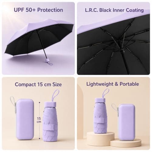 WHJYCC Mini Travel Umbrella, UPF 50+, 6-Rib, Purple, with Zip Case — view 3