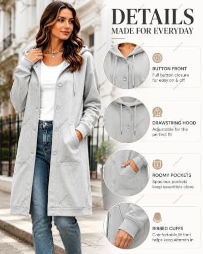 Ladies Long Sweatshirt Jacket Button Front for Shopping and Daily Travel — view 3
