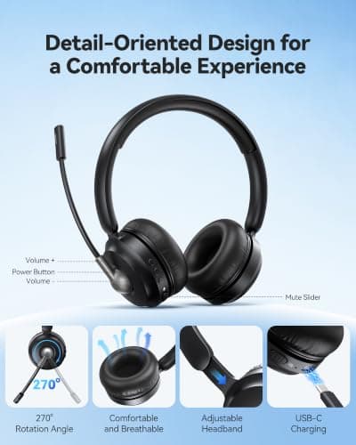 TECKNET Wireless Headset, Bluetooth V6.0 Headset with ENC Noise Cancelling Microphone, Rechargeable USB A Headsets, One-Key Mute Mic, 50H Playtime Over-Ear Headphones for Office/Call Center/Team — view 5