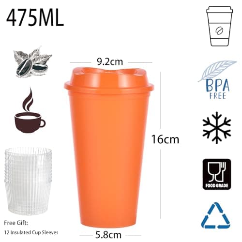 CuppaLifes 475ml Reusable Coffee Cups with Lids, 12 Pack Insulated Plastic Tumblers, Travel Mugs for Hot/Cold Drinks, Smoothie, Takeaway Cups for Adults (12, Vivid) — view 2