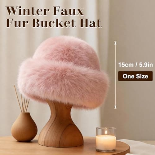 Faux Fur Bucket Hat for Women, Russian Style Winter Fluffy Fuzzy Ladies Hats Travel Hiking Work Home, Chapeau Fourrure Femme Winter Fashion Gift (Pink) — view 2