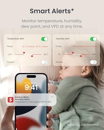 SwitchBot WiFi Thermometer Hygrometer 3 Pack with Hub Mini, IP65 Indoor Outdoor Thermometer Wireless, Humidity/Temperature/Dewpoint/VPD/Absolute Humidity Sensor with Smart Alerts, Works with Alexa — view 4