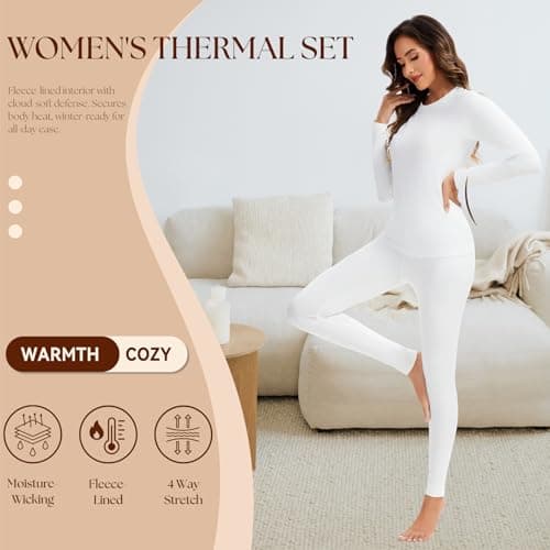 AMZSPORT Women's Thermal Underwear Set, Long Johns Fleece Base Layer, Winter Warm Long Sleeve Top & Soft Leggings for Ladies White M — view 4