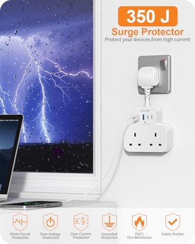 Multi Plug Extension Socket with 4 USB Ports, ANVODE 2 Way Plug Adaptor with Flexible Cable, Short Extension Lead Double Adapter Plug UK for Bedroom, Office, Kitchen. White — view 3