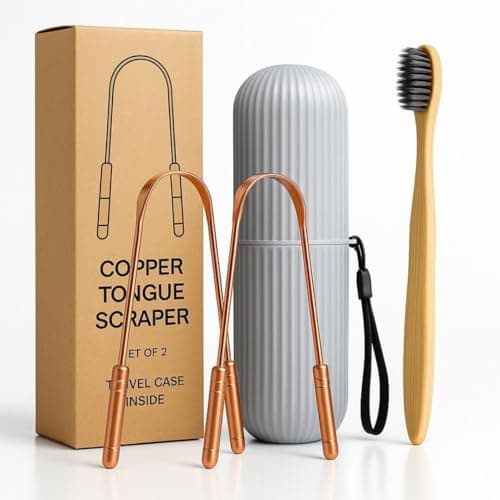Copperholic 2-Pack Copper Tongue Scraper Set – Pure Copper Tongue Cleaner Kit with Bamboo Toothbrush with Charcoal Bristles & Travel Case – Daily Oral Hygiene Tool for Men & Women