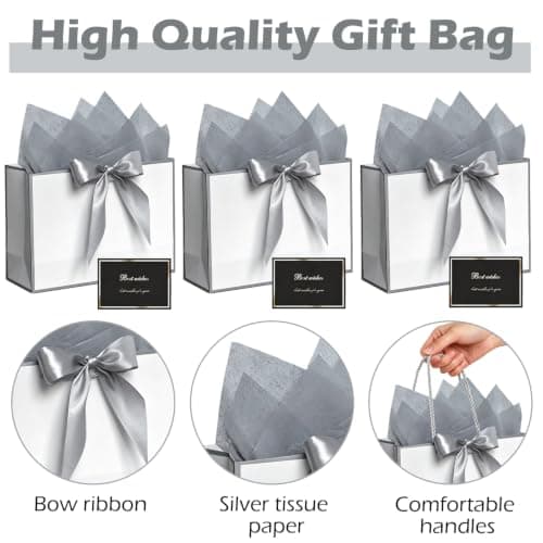 SHUBEIEUMI 3Pcs Gift Bags 28x20x10cm, Paper Bags(White With Silver Frame) — view 3