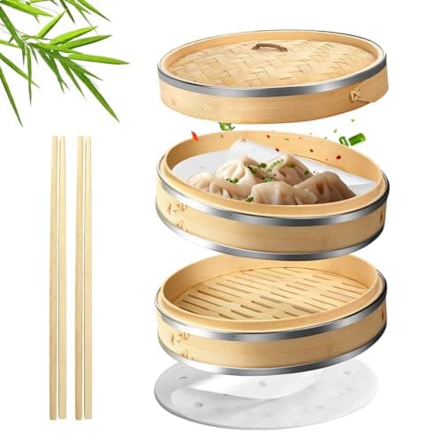 Flexzion 8-Inch Bamboo Steamer Basket Set with Stainless Steel Banding